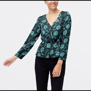 NWT J. Crew Green & Black Floral Peplum Blouse Sz6